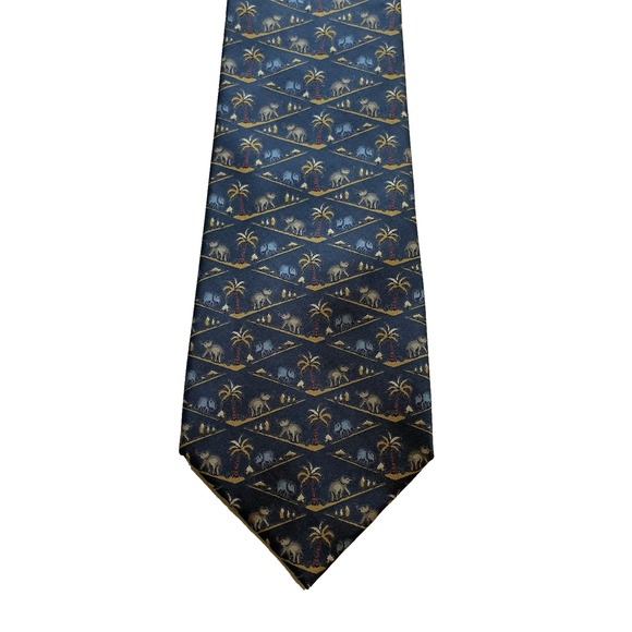 Jim Thompson Silk Mens Tie Elephants Palm Trees Blue Thailand 3.5"x56" Vintage - Picture 1 of 7